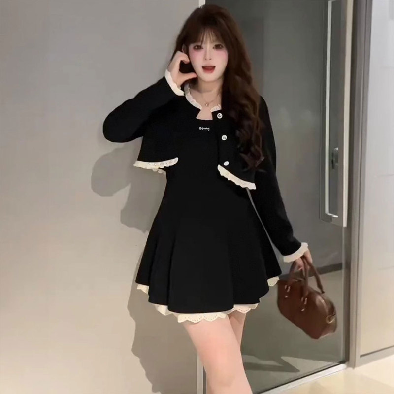 Plus-Size College-Style Black Dress Set for Women, Autumn and Winter, Slimming for Slightly Chubby Figures, Elegant Waist-Cinching Socialite-Style Mini Dress