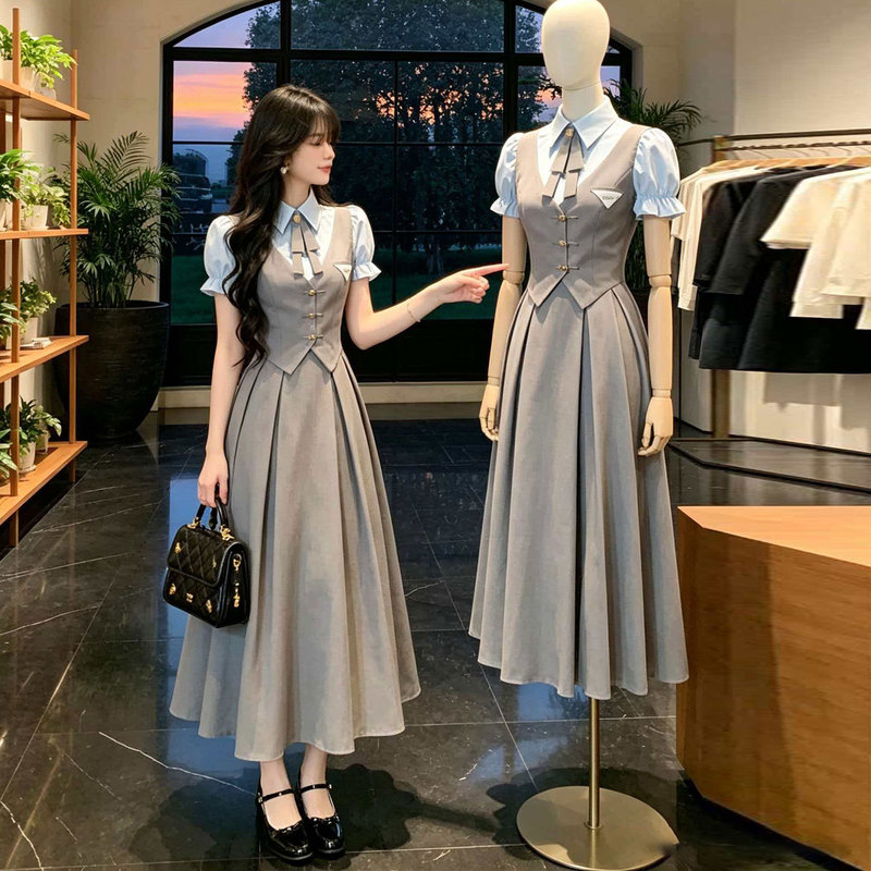 Plus-Size Retro British Style School Uniform Dress for Women, Summer, for Chubby Women, Fake Two-Piece, Waist-Cinching, Slimming Shirt Long Dress Plus-Size Retro British Style School Uniform Dress for Women, Summer, for Chubby Women, Fake Two-Piece, Waist-Cinching, Slimming Shirt Long Dress
