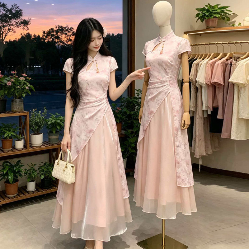 Plus-Size Gentle Pink Floral Dress for Women, Summer Mesh Patchwork Waist-Cinching Improved Cheongsam Long Dress