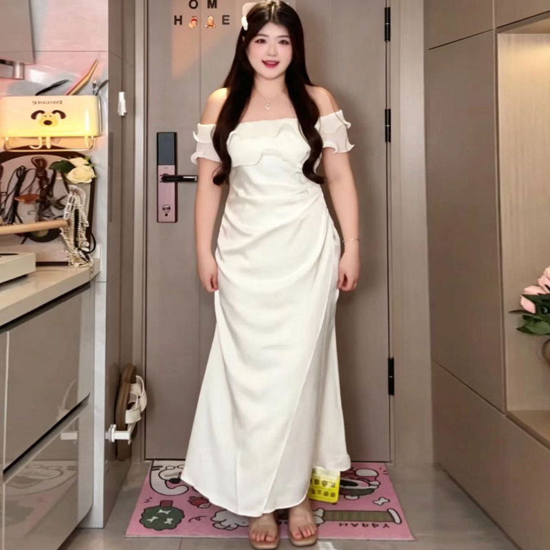 Plus-Size French-Style Elegant Off-The-Shoulder Dress for Women, Summer, Slimming Waist, Elegant Socialite Long Dress Plus-Size French-Style Elegant Off-The-Shoulder Dress for Women, Summer, Slimming Waist, Elegant Socialite Long Dress