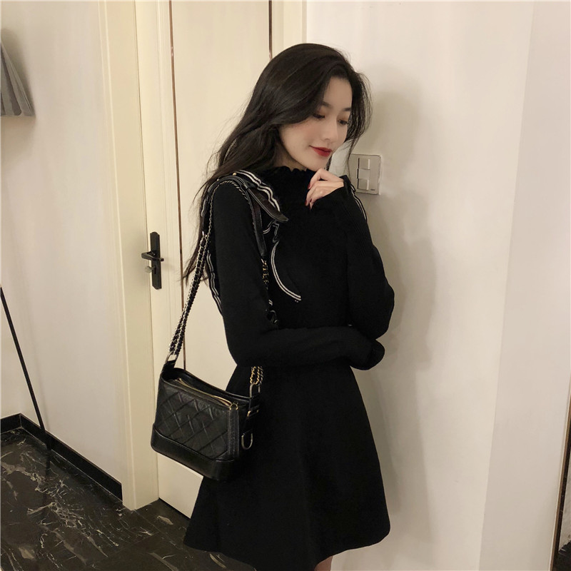 DABI 韓系荷葉邊收腰顯瘦針織長袖洋裝 DABI 韓系荷葉邊收腰顯瘦針織長袖洋裝