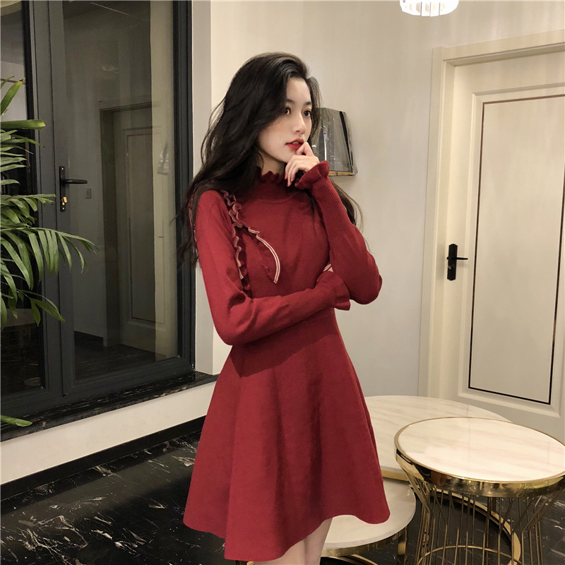 DABI 韓系荷葉邊收腰顯瘦針織長袖洋裝 DABI 韓系荷葉邊收腰顯瘦針織長袖洋裝