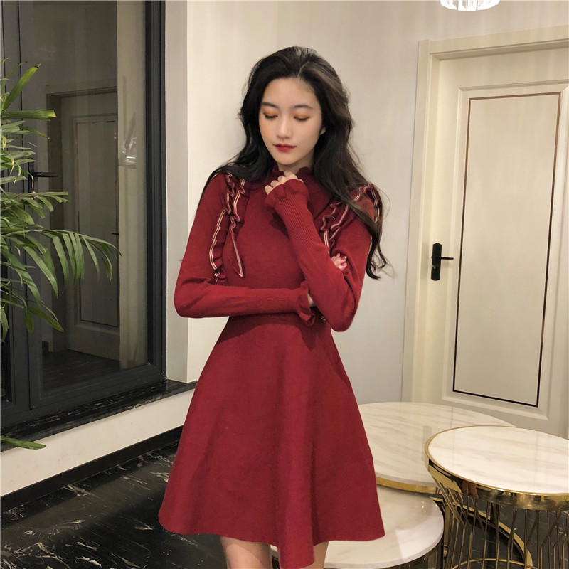 DABI 韓系荷葉邊收腰顯瘦針織長袖洋裝 DABI 韓系荷葉邊收腰顯瘦針織長袖洋裝