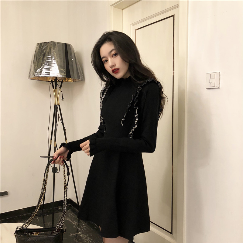 DABI 韓系荷葉邊收腰顯瘦針織長袖洋裝 DABI 韓系荷葉邊收腰顯瘦針織長袖洋裝