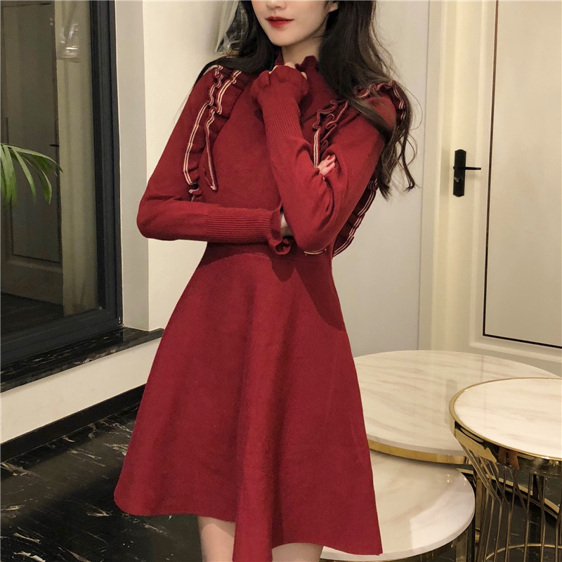 DABI 韓系荷葉邊收腰顯瘦針織長袖洋裝 DABI 韓系荷葉邊收腰顯瘦針織長袖洋裝