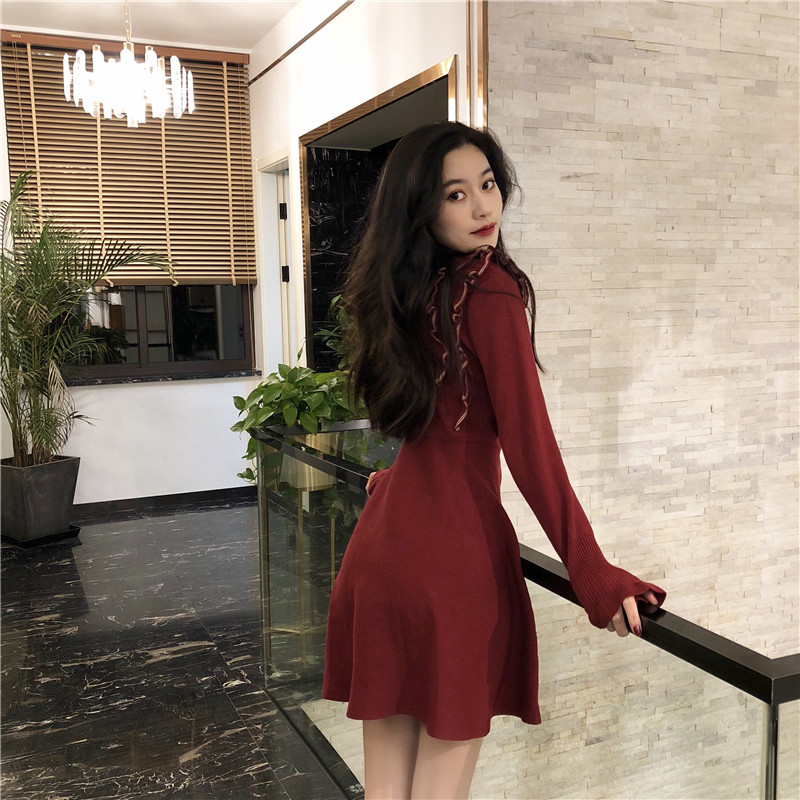 DABI 韓系荷葉邊收腰顯瘦針織長袖洋裝 DABI 韓系荷葉邊收腰顯瘦針織長袖洋裝