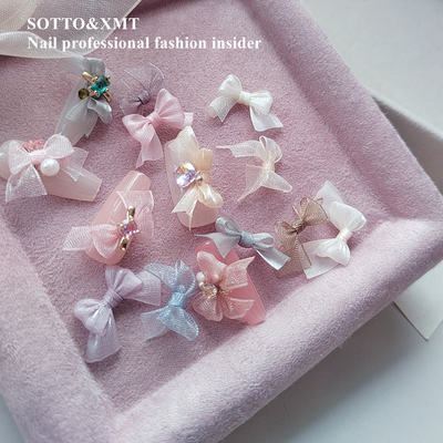 Korean silk tulle nail art accessories, pink bow, cute wearable armor, super ethereal and niche organza