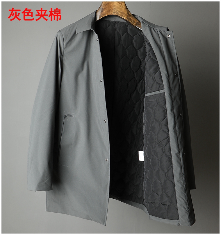 Chất lượng tay nghề áp lực nhựa quá trình áo gió nam mùa thu và mùa đông quilted đơn giản ve áo mỏng áo khoác dài áo khoác nam áo gió đen