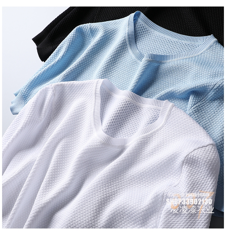 Quần áo nam quý ông Ý Tencel ngọc bích dứa đan Mùa hè màu hoang dã cổ tròn tay áo ngắn đan áo thun nam - Áo phông dài áo thun nam form rộng