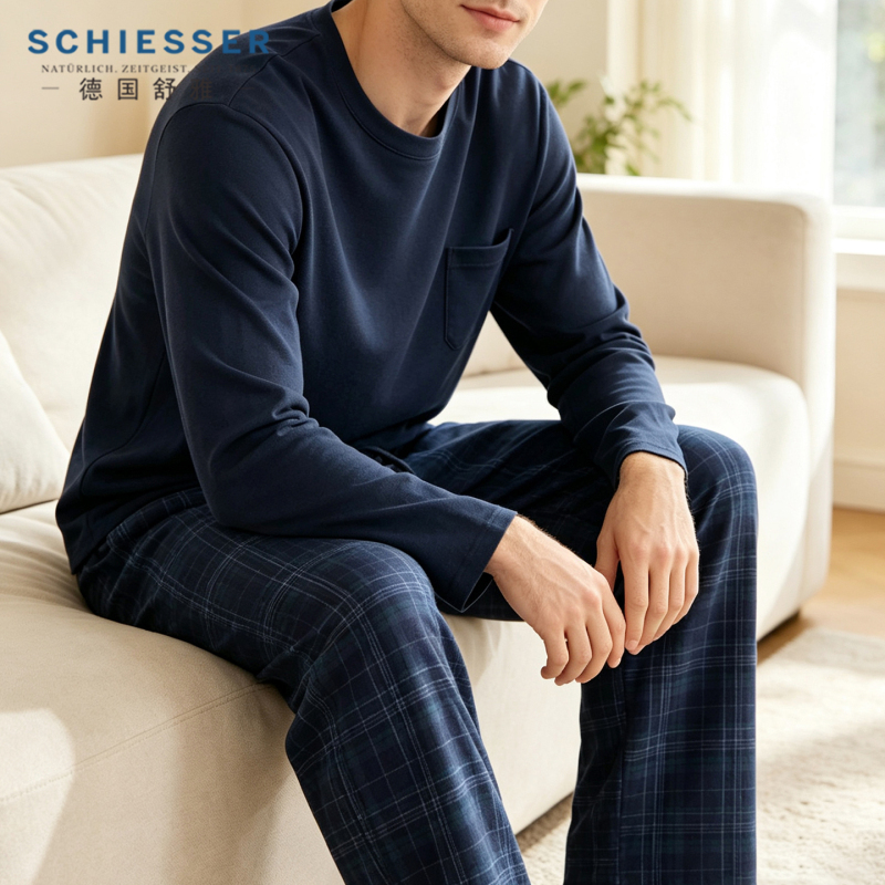German Shuya Men's Pajamas 2026 Autum New Pure Cotton Round Neck Long-Sleeved Loose and Comfortable Home Wear Set