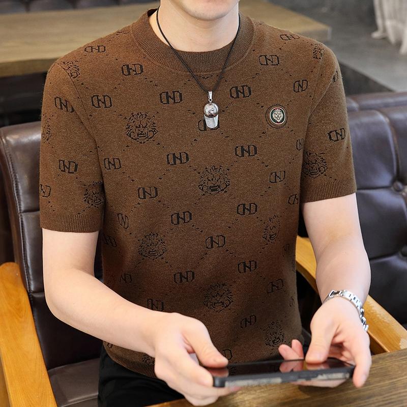 European Style Fashionable Round Neck Short-Sleeved Sweater for Men, Spring and Autumn Trendy Jacquard Knit Top, Half-Sleeve Casual Base Shirt