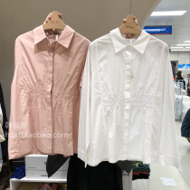 2022 Spring loaded South Korea 2day new pure color single row buckle pleated design Loose Polo Long Sleeve Shirt Woman