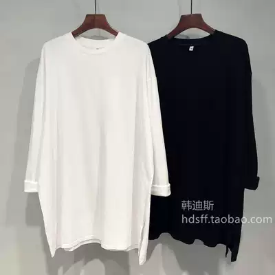 Spring and Autumn model solid color loose Han fan long version of unilateral split under the clothes missing simple long sleeve T-shirt base shirt Women