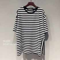 2022 Spring Summer South Korea Ulzzang New Single Side Open Fork Neckline With Long Striped T-shirt Female Tide
