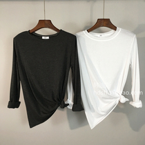 2021 spring Korea ulzzang new solid color simple and versatile round neck long sleeve cotton base shirt T-shirt women