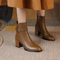 Ann it goddess recommended ~ round toe side zipper thick heel short boots womens new leather high-heeled Martin boots 6CM