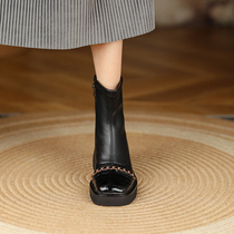 Ann it fashionable and indecent ~ thick heel short boots female British Martin boots square toe high heels leather elastic thin boots