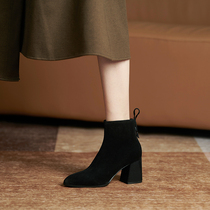 Ann it street trend control ~ French brushed leather thick high-heeled ankle boots womens autumn and winter small size plus velvet 7CM