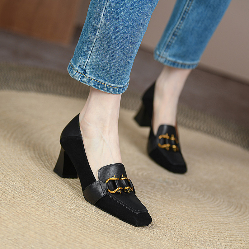 ann it commuter display temperament ~ style retro high heel shoe coarse heel square head temperament genuine leather soft-bottom single shoe 6CM