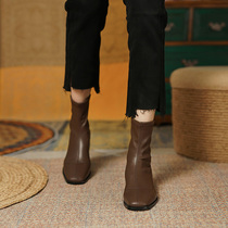 Ann it net red blogger main push ~ giant comfortable leather elastic low heel square toe Chelsea ankle boots women 3 5CM