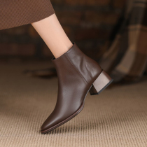 Ann it is simple and beautiful~ autumn and winter new leather thick heel square toe and nude short boots womens all-match boots 4 5CM