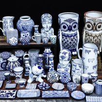 A collection of porcelain-antique hand-painted high-temperature blue and white porcelain ornaments household ceramic tableware tea set decoration