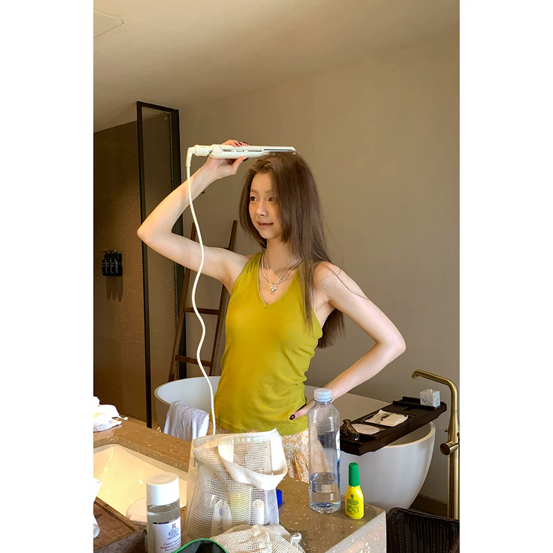 Stretchy Slim-Fit V-Neck Short-Sleeve Summer Versatile Polyester-Linen Blend Jacquard Knit Top