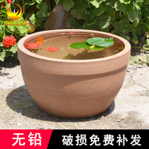No Glazed Retro Clay Pottery fish Sleeping Lotus Raw Pottery Marinate Pickled Fermented Patio with Courtyard View Home Old large water cylinder