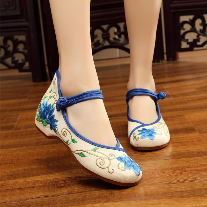 Fresh Light Yorchid National Wind Embroidered Shoes 3 cm Inner heightening Bull Fascia Bottom Slope Heel Women Single Shoes Beijing Cloth Shoes