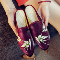 New Chinese style pointed embroidered slippers old Beijing cloth shoes wedge heel beef tendon bottom female cool drag plus size 41