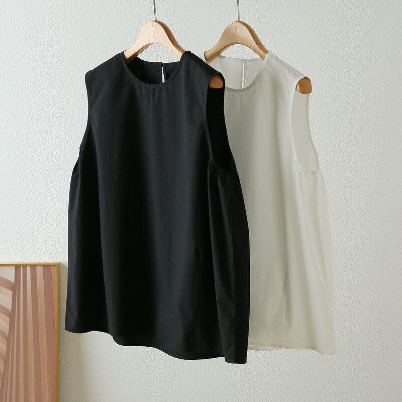 Simple, Flesh-Covering, A-Line Style, High-Thread-Count, High-Density Poplin, All-Cotton, Round-Neck, Pullover, Sleeveless Shirt for Women, Summer 1439 Simple, Flesh-Covering, A-Line Style, High-Thread-Count, High-Density Poplin, All-Cotton, Round-Neck, Pullover, Sleeveless Shirt for Women, Summer 1439