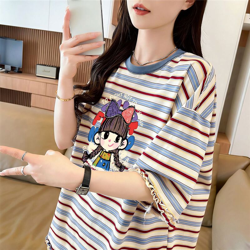 Pure Cotton Color-Block Striped Girl's Graffiti Lace Short-Sleeve T-Shirt for Women, Summer High-End Loose Fashion Plus-Size Top