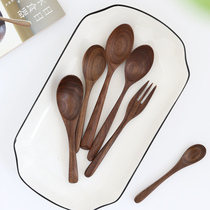 Black walnut spoon Japanese small solid wood spoon rice spoon soup spoon long handle salad spoon household porridge spoon wood spoon Fork