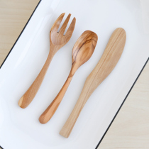 Olive wood curved handle knife fork spoon tableware set childrens fork ice cream spoon butter knife solid wood rice spoon dessert spoon Fork