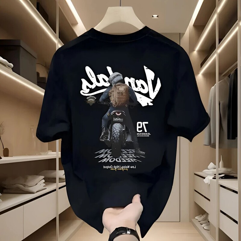 Kangshi Yishu Trendy Short-Sleeve T-Shirt for Men, Summer American-Style Gaming and Motorcycle Print, Loose Casual Top