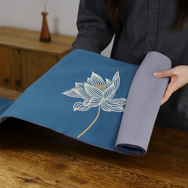 Original embroidered lotus tea seat cotton linen fabric Zen Chinese dry bubble tea table fabric creative customization