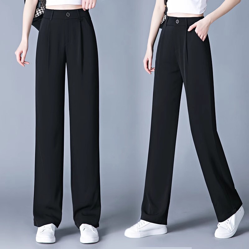 Narrow Straight-Leg Pants for Women, Summer Thin High-Waisted Wide-Leg Pants, Loose and Drapey, Versatile Suit-Style Floor-Length Pants, Cropped Pants, Trendy