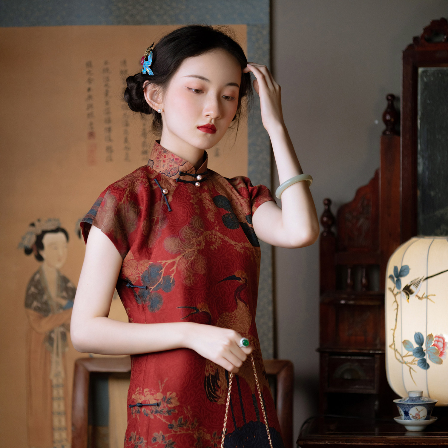 Envy Crane Plot -- Spring Summer Authentic Silk Scents Cloud Yarn Through Holes Rostand Collar Pan Button Short Qipao Chinese Wind Women's Retro Elegance