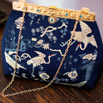 White crane re-engraved antique antique Qing Dynasty first-grade official supplement silk hand embroidered crane banquet gold hand bag