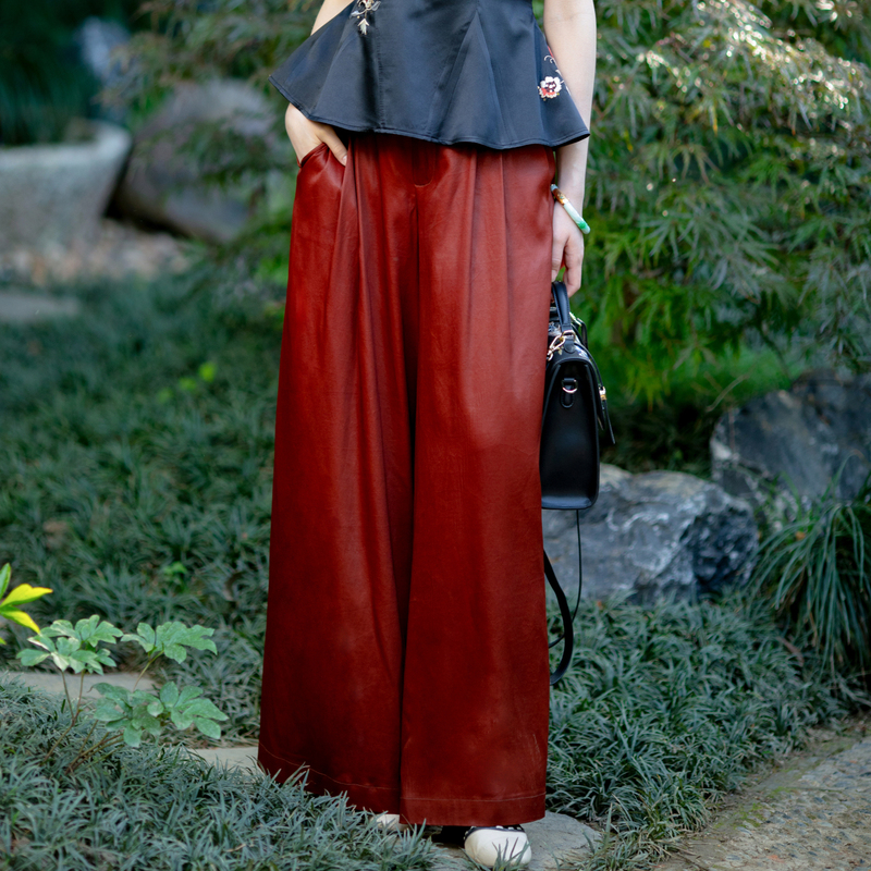 Breeze Entwined | a City of Wind and Clouds | Summer Silk Fragrant Cloud Yarn Black Versatile Red Retro New Chinese Style Wide-Leg Pants