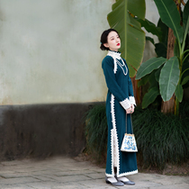 Busanhomo -- spring and autumn money Wind lace with side length sleeves light core suede retro qipao dress and dress temperament elegant woman