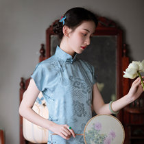 Clear tone -- spring and summer style genuine silk jacquard satin young students with shoulder short sleeves full open broth and dress retro