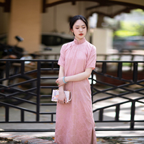 Early Cherry spring and summer new Chinese style retro Republic of China wind disc buckle jacquard satin no province one city wind wool ancient method long cheongsam