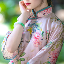 Spring sleep spring and summer a city style Chinese retro silk satin pink printing big sleeves no cheongsam