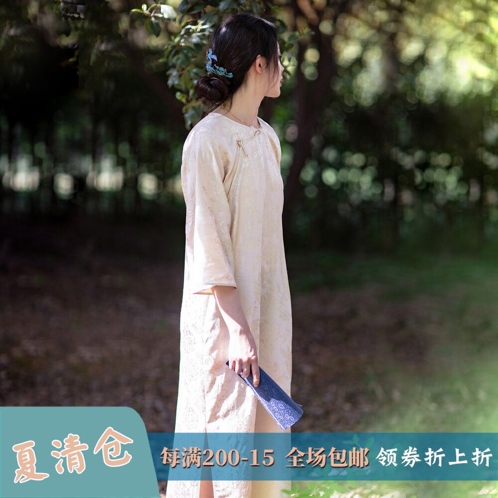 Spring and summer models jacquard satin large sleeves loose cheongsam Chinese Republic of China style retro plate buckle a city wind flocculation