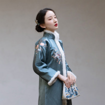 Jade Yong-drunk -- autumn and winter style Chinese Han Elements embroidered fur collar Long sleeves Thickened Jacket thickened jacket thickened cotton long style coat