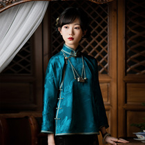 The lotus is shallow-the spring and summer autumn the real silk jacquard satin retro-paleocollar disc button Chinese full-opening flawless blouse blouse shorts