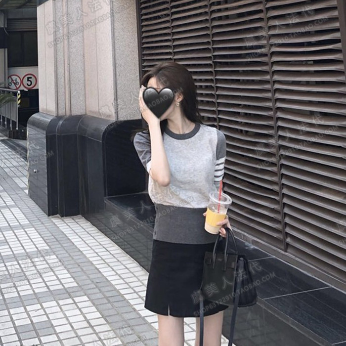 Thom Browne TB collared round collar short sleeves Four bars Woven Jersey Sweater Blouse