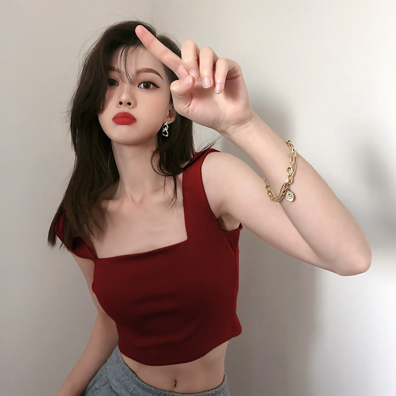 Wide-Strap Camisole for Women, Spring and Summer Short Style, Square Neck, Beautiful Back, Sleeveless, Side Breast Coverage, Pure Desire, Crop Top Wide-Strap Camisole for Women, Spring and Summer Short Style, Square Neck, Beautiful Back, Sleeveless, Side Breast Coverage, Pure Desire, Crop Top