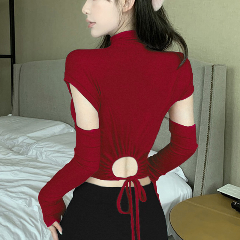 Sexy Backless Half-High Collar Red T-Shirt for Women with a Clever Design, Slim Fit, Short Sleeve Top